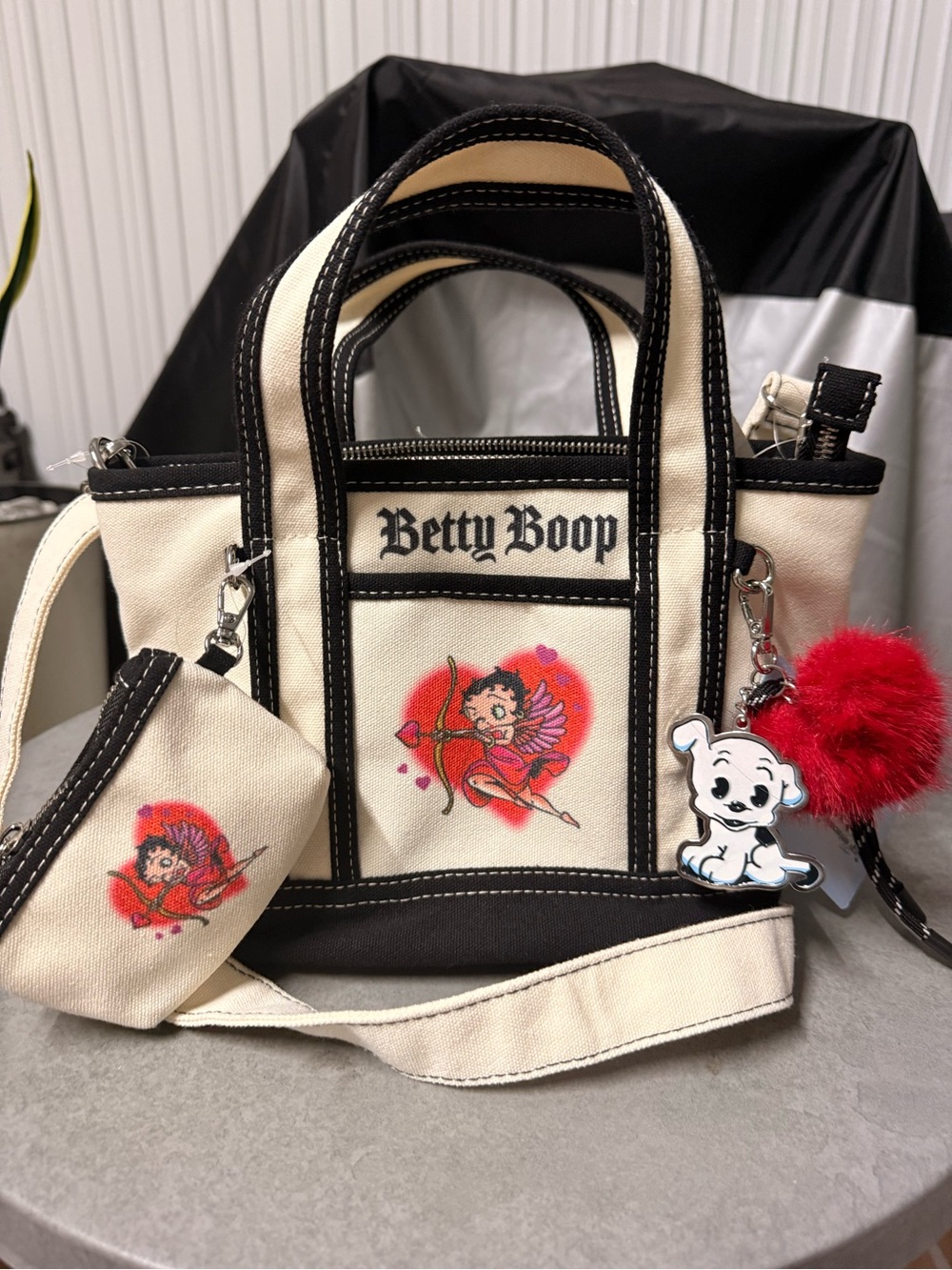 Betty Boop Cream and Black Canvas Crossbody Tote with Cupid Motif